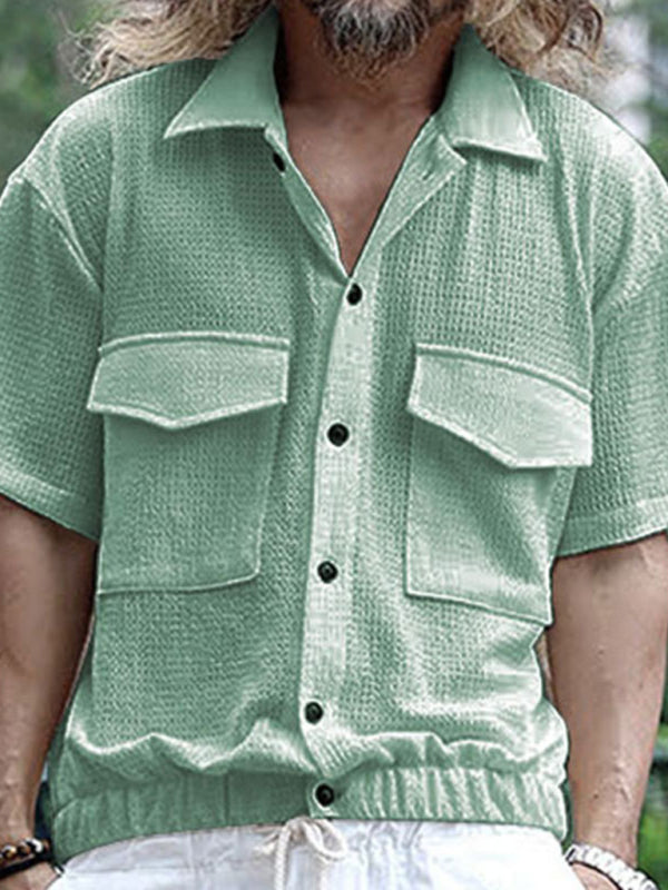 Men's new cardigan front pocket casual short-sleeved shirt