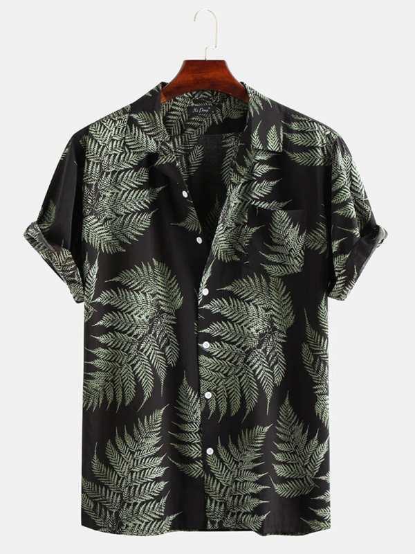 Men's Casual Loose Beach Wear Maple Leaf Print Short Sleeve Shirt - MyriadMart