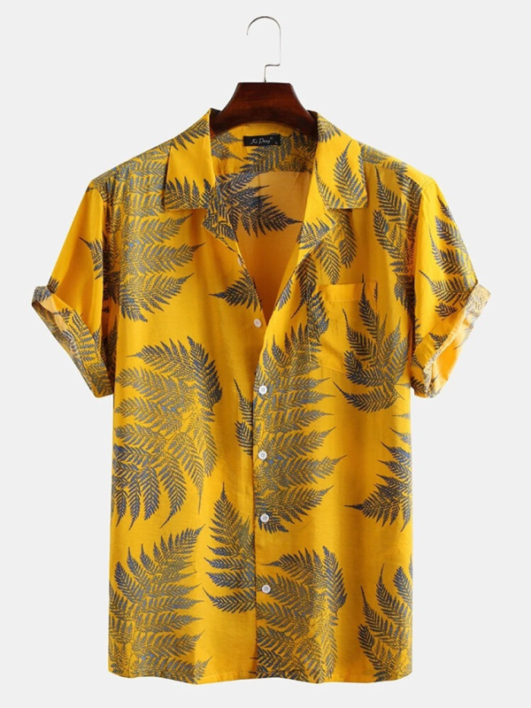 Men's Casual Loose Beach Wear Maple Leaf Print Short Sleeve Shirt - MyriadMart