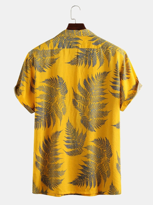 Men's Casual Loose Beach Wear Maple Leaf Print Short Sleeve Shirt - MyriadMart