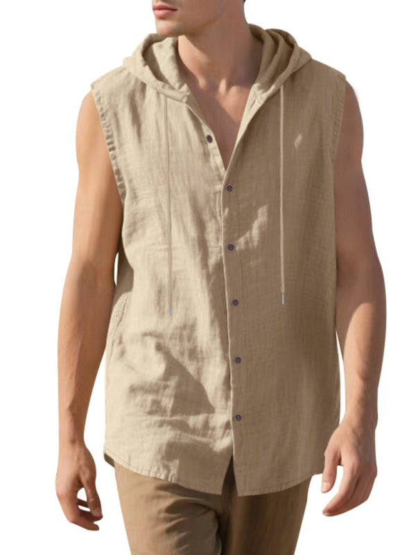 Men's Casual Sleeveless Waistcoat Shirt Linen Hooded Solid Color Breathable Loose Top - MyriadMart