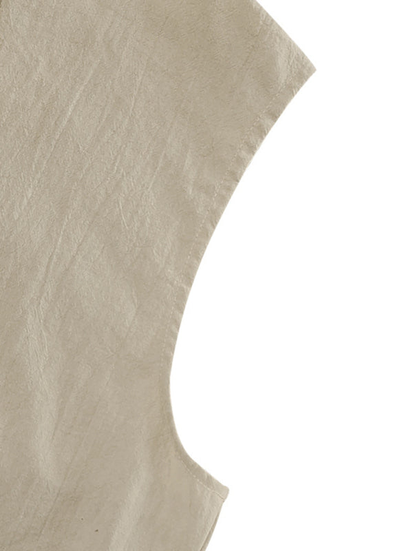 Men's Casual Sleeveless Waistcoat Shirt Linen Hooded Solid Color Breathable Loose Top - MyriadMart