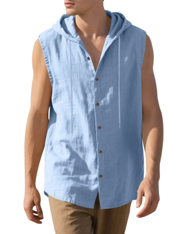 Men's Casual Sleeveless Waistcoat Shirt Linen Hooded Solid Color Breathable Loose Top - MyriadMart