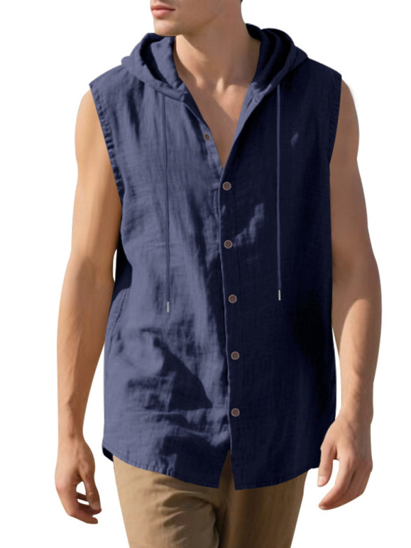 Men's Casual Sleeveless Waistcoat Shirt Linen Hooded Solid Color Breathable Loose Top - MyriadMart