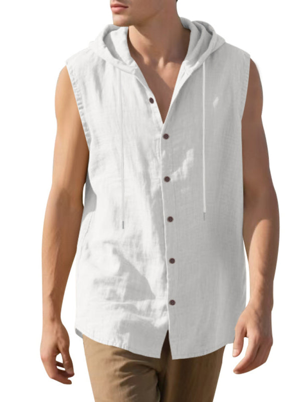 Men's Casual Sleeveless Waistcoat Shirt Linen Hooded Solid Color Breathable Loose Top - MyriadMart