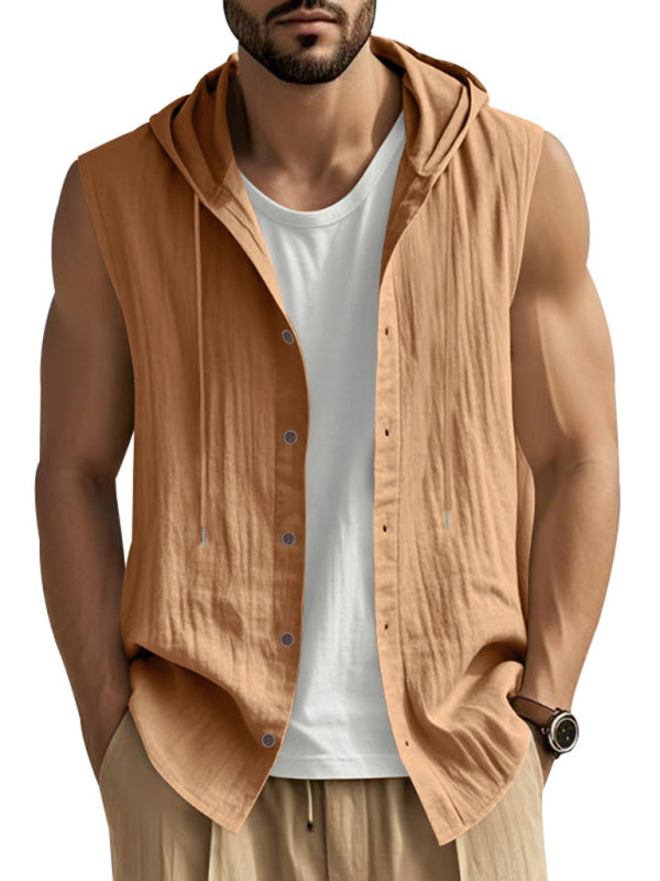 Men's Casual Sleeveless Waistcoat Shirt Linen Hooded Solid Color Breathable Loose Top - MyriadMart