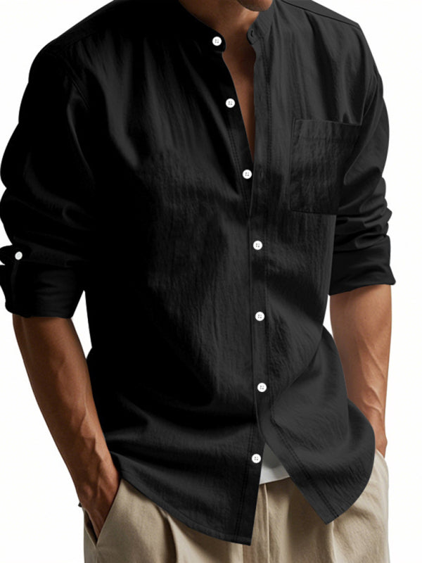 Linen long-sleeved stand-up collar breathable casual men's shirt - MyriadMart