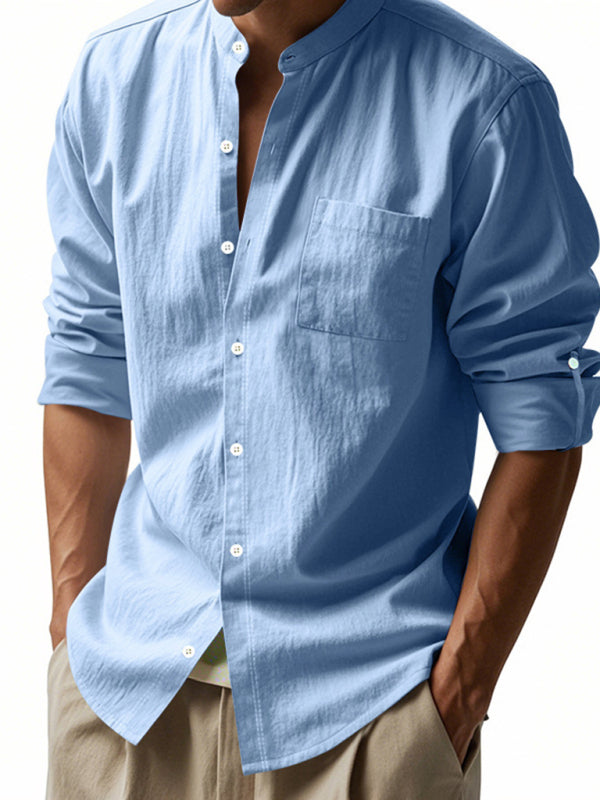 Linen long-sleeved stand-up collar breathable casual men's shirt - MyriadMart