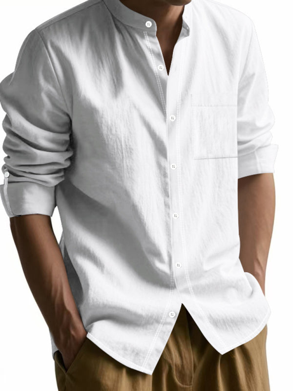 Linen long-sleeved stand-up collar breathable casual men's shirt - MyriadMart