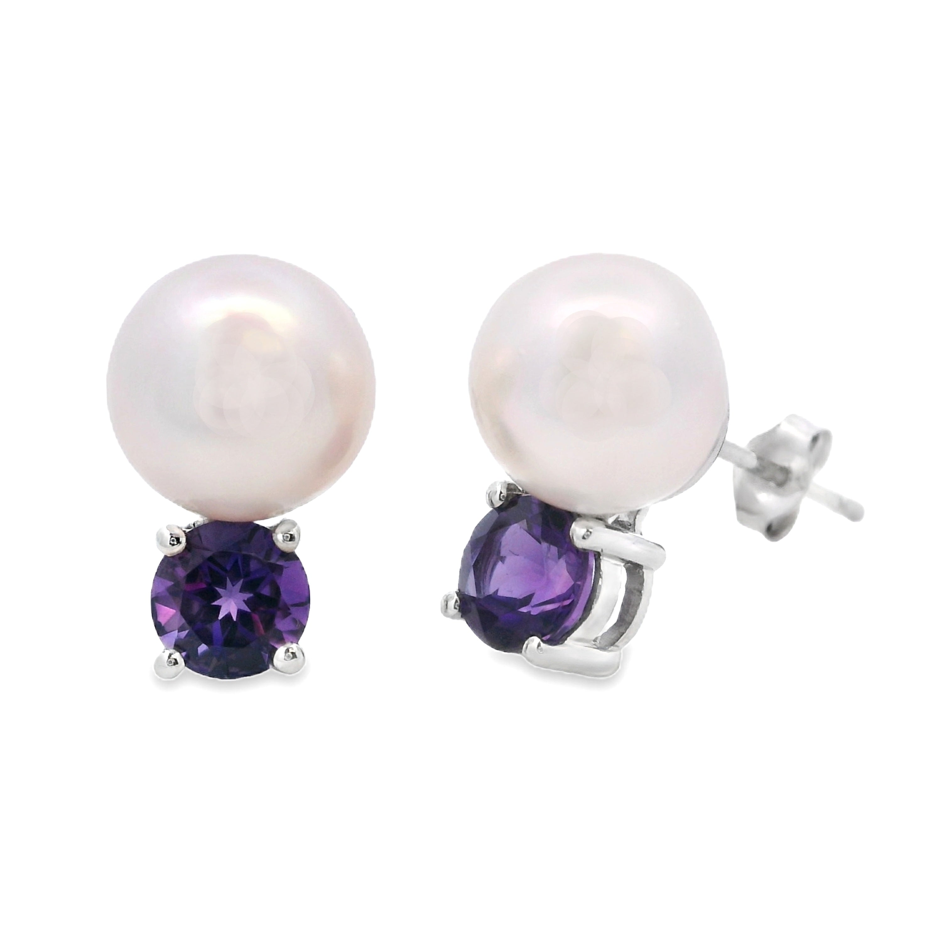 1.20ct FW Pearl Amethyst Stud Earrings 14KT White Gold on sale at MyriadMart