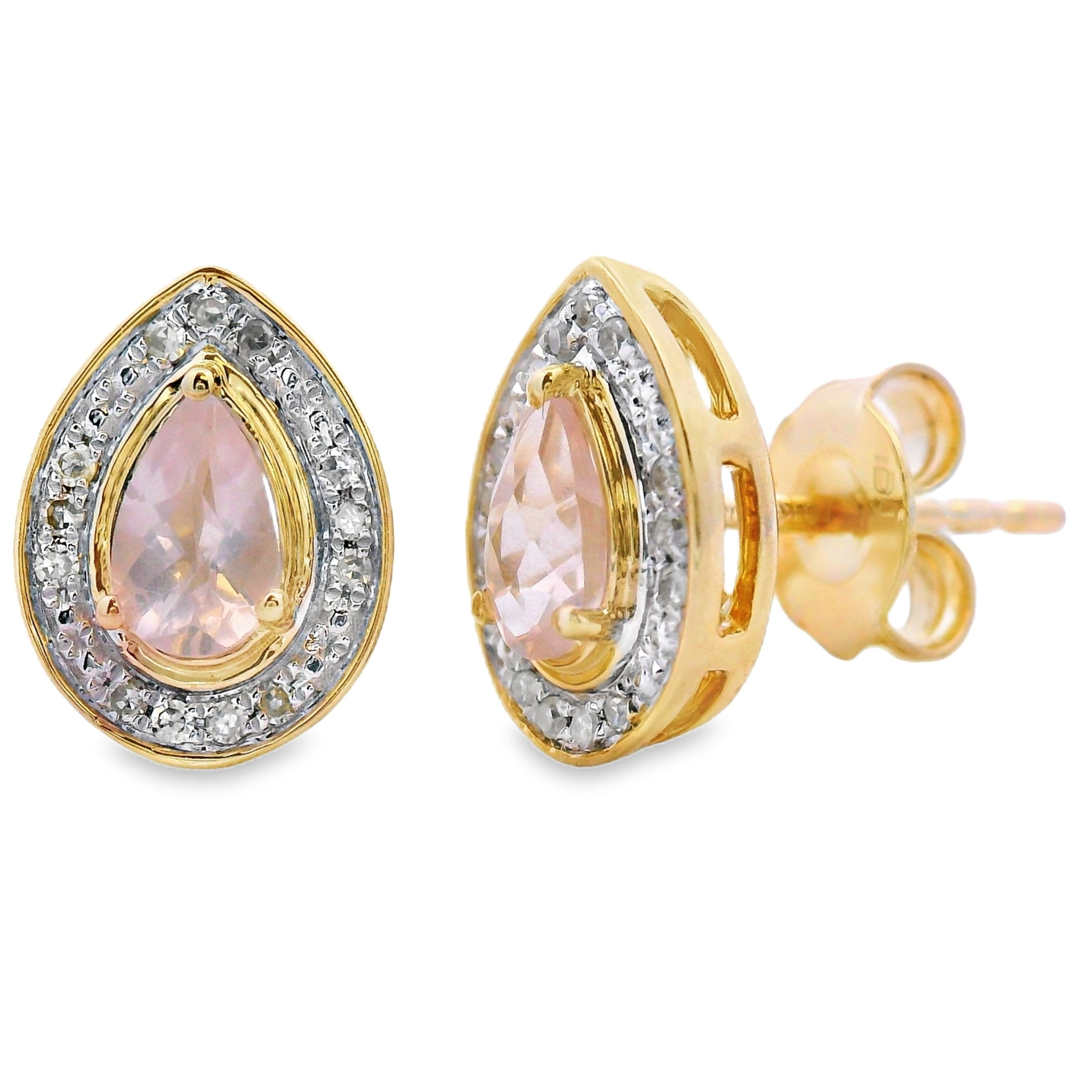 Rose Quartz Diamond Stud Earrings 10KT Yellow Gold on sale at MyriadMart