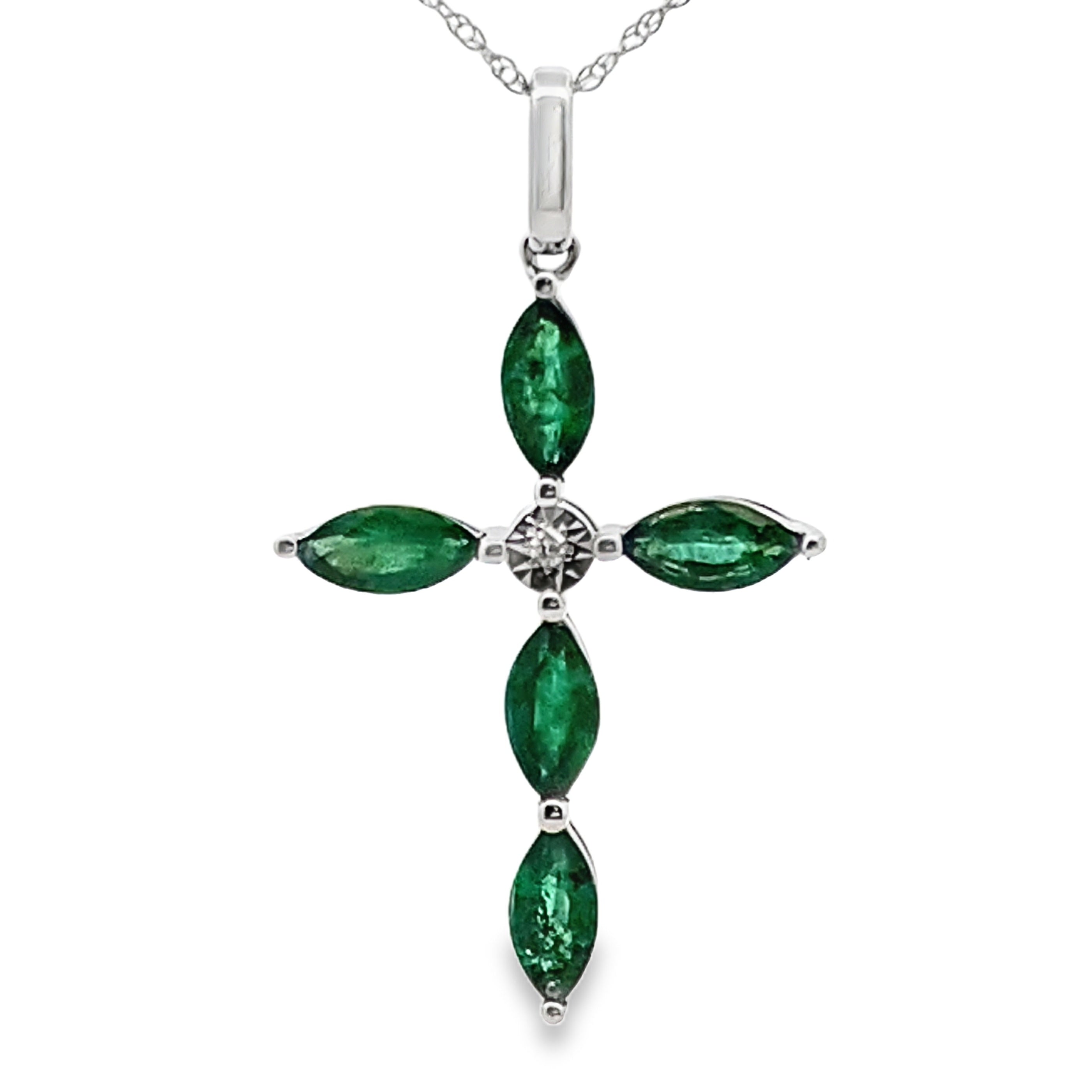 Emerald Diamond Cross Religious Pendant 10KT White Gold on sale at MyriadMart