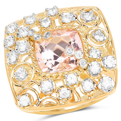 14K Yellow Gold Plated 3.33 Carat Synthartic Morganite and White Topaz .925 Sterling Silver Ring on sale at MyriadMart