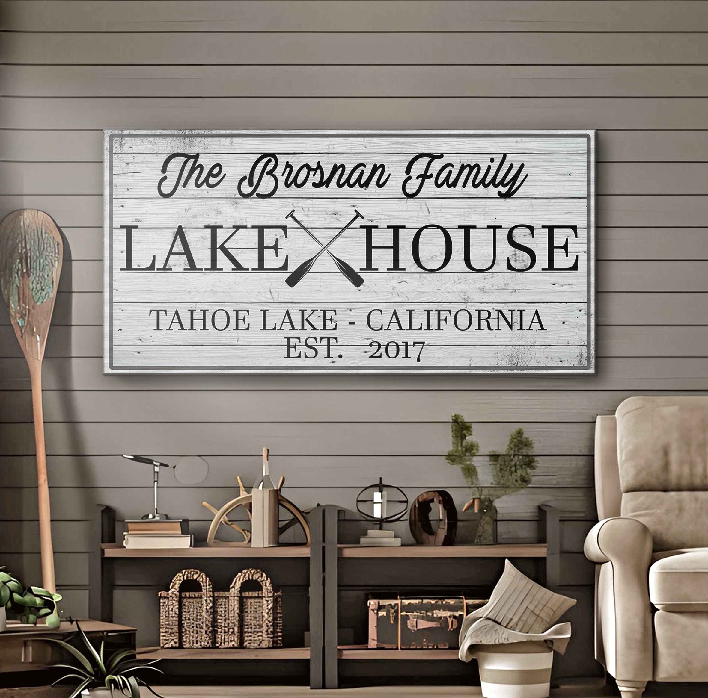 Family Lake House Paddle Sign on sale at MyriadMart
