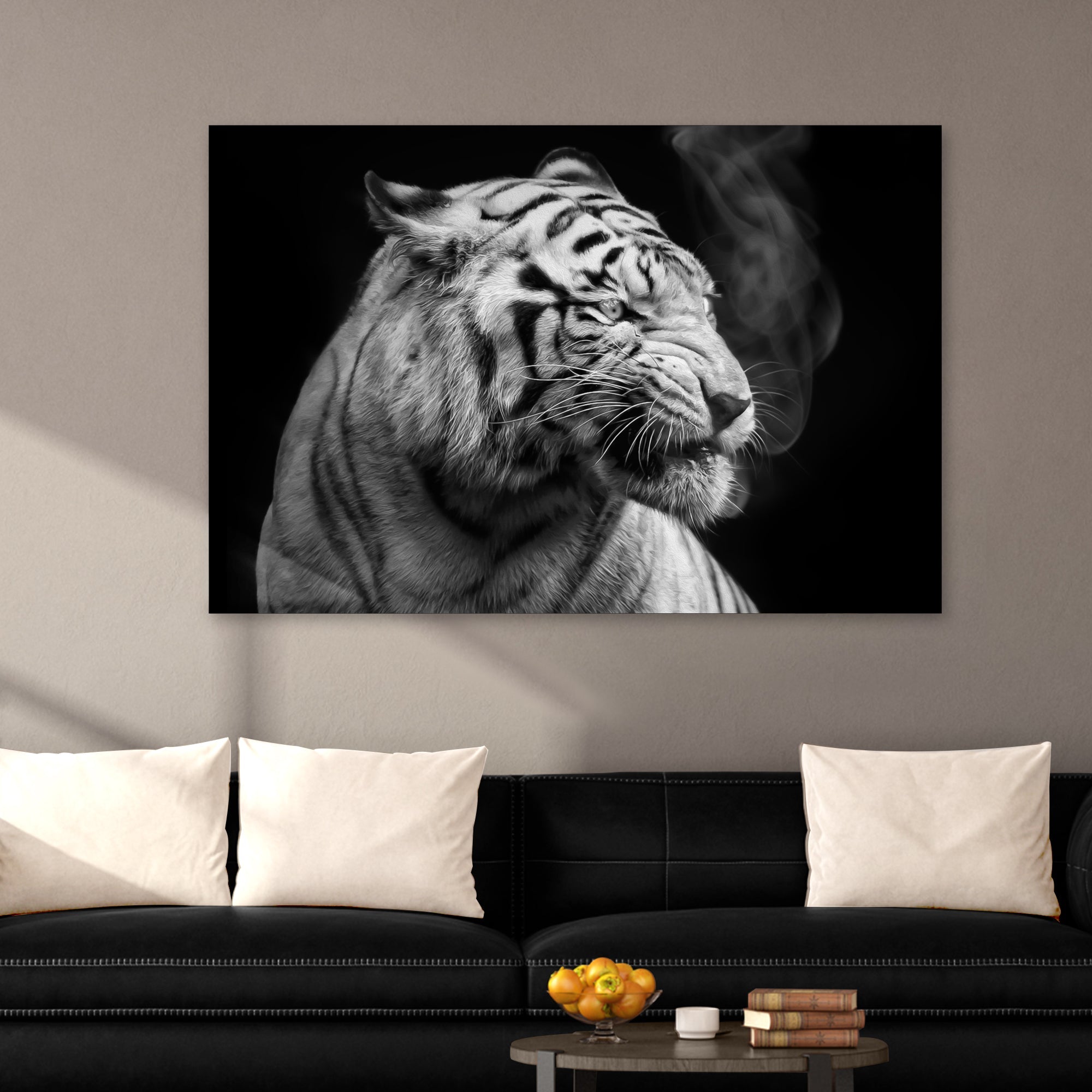 Black And White Smoking Tiger Canvas Wall Art on sale at MyriadMart