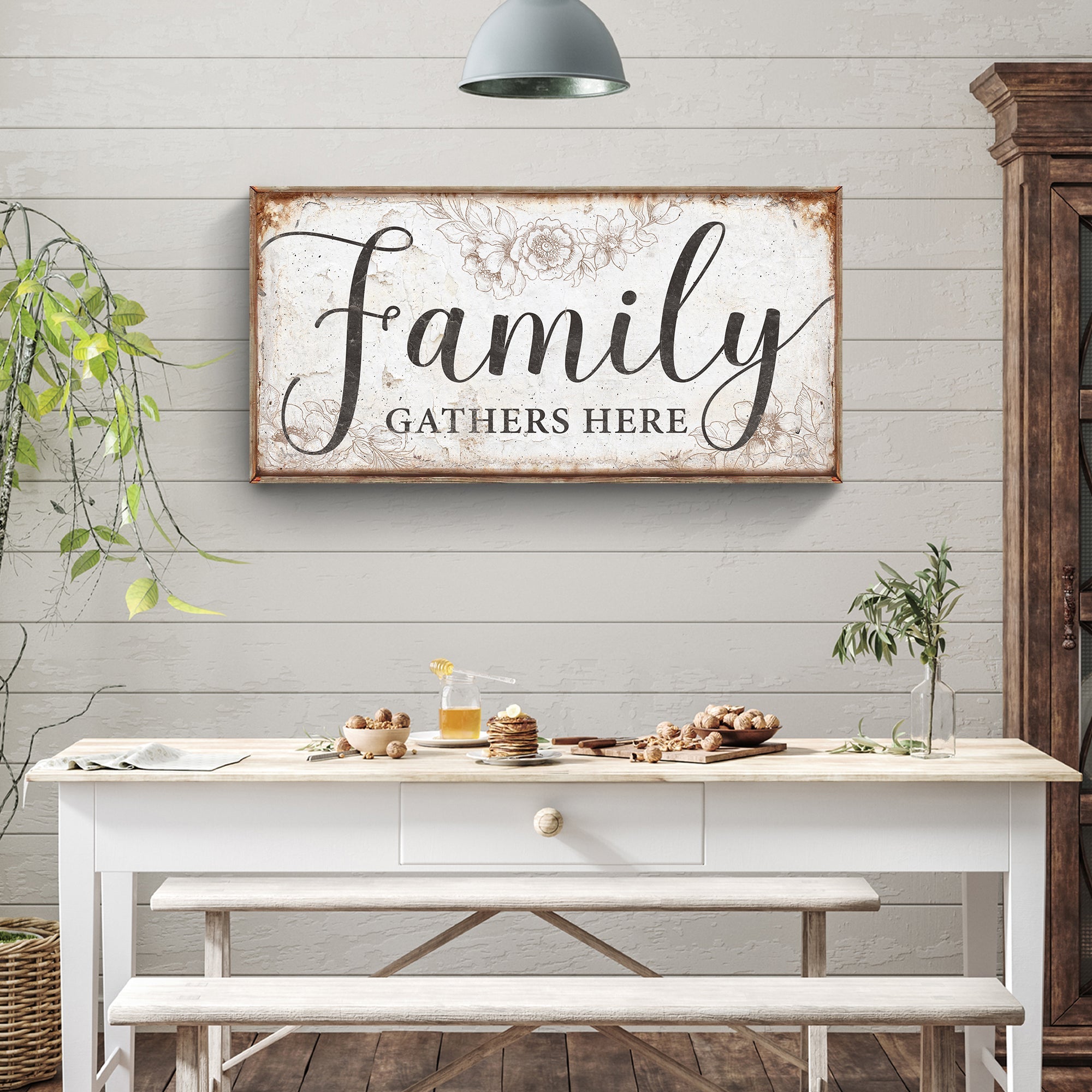 Family Gathers Here Sign on sale at MyriadMart