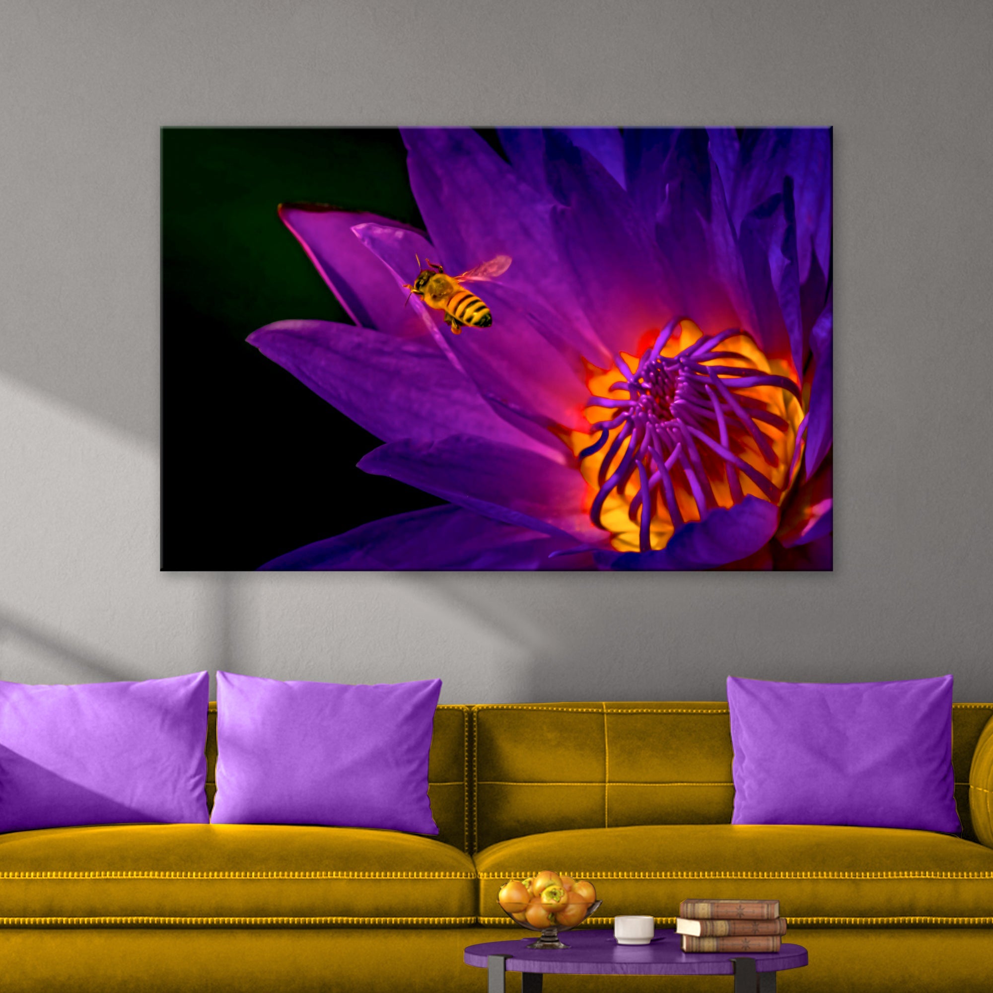 Dramatic Bee On Purple Flower Canvas Wall Art on sale at MyriadMart