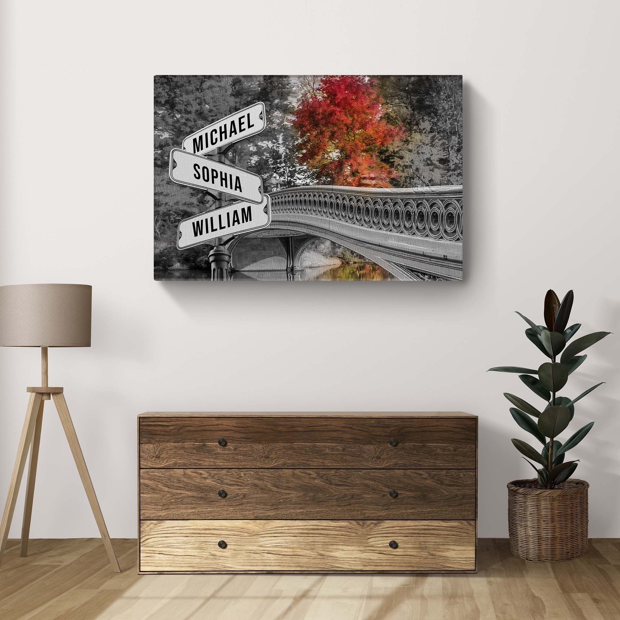 Autumn Bridge Family Names Sign on sale at MyriadMart