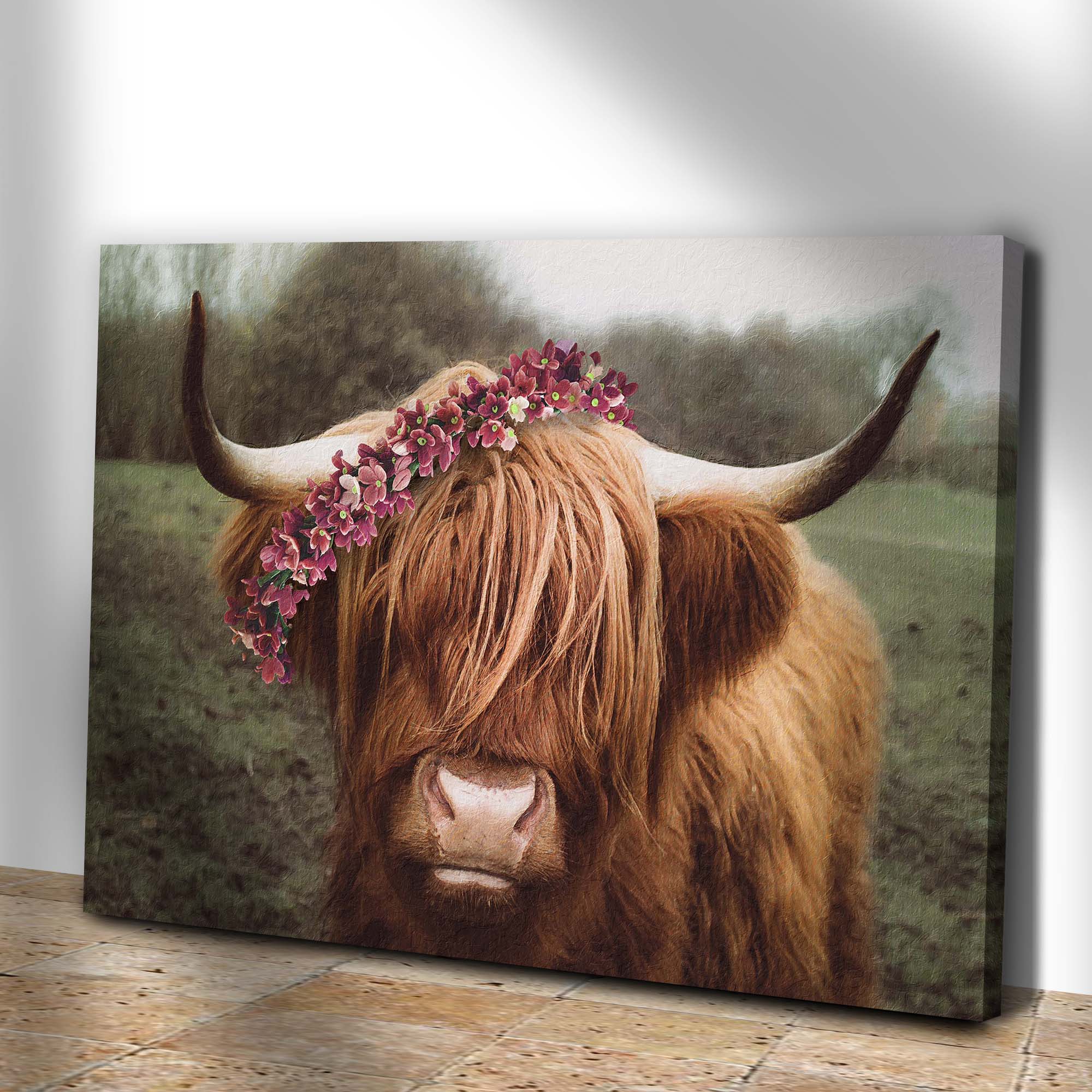 Retro Floral Crown Highland Cow Canvas Wall Art on sale at MyriadMart