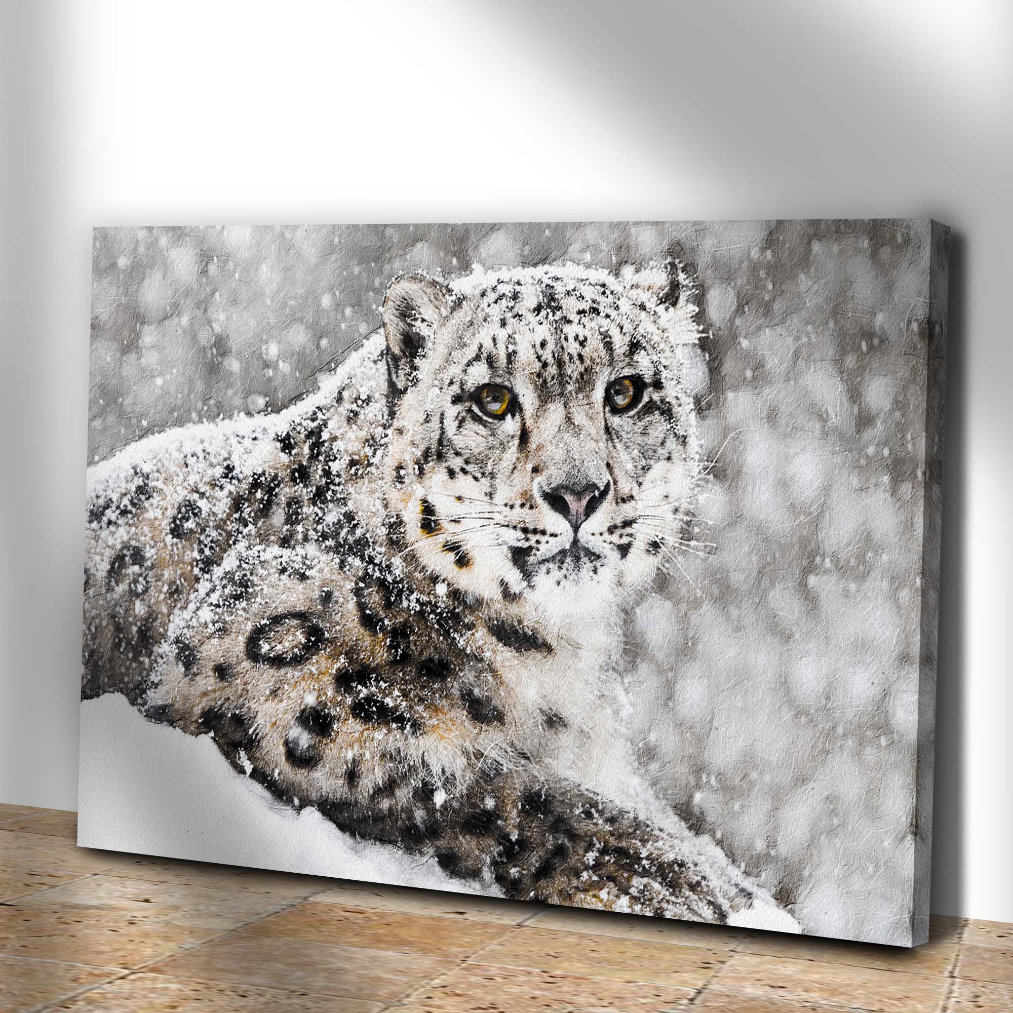 Snow Leopard In Blizzard Canvas Wall Art on sale at MyriadMart
