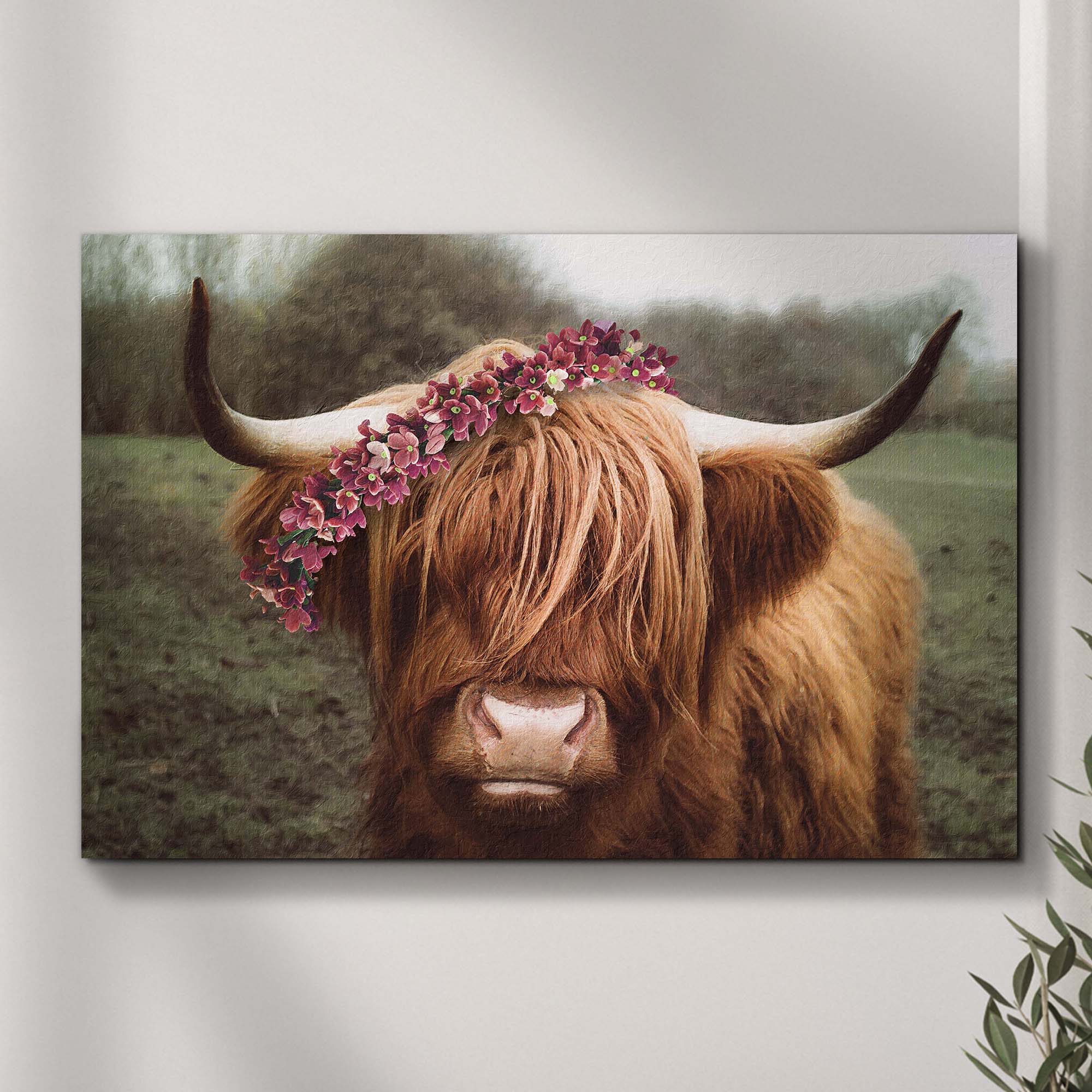 Retro Floral Crown Highland Cow Canvas Wall Art on sale at MyriadMart