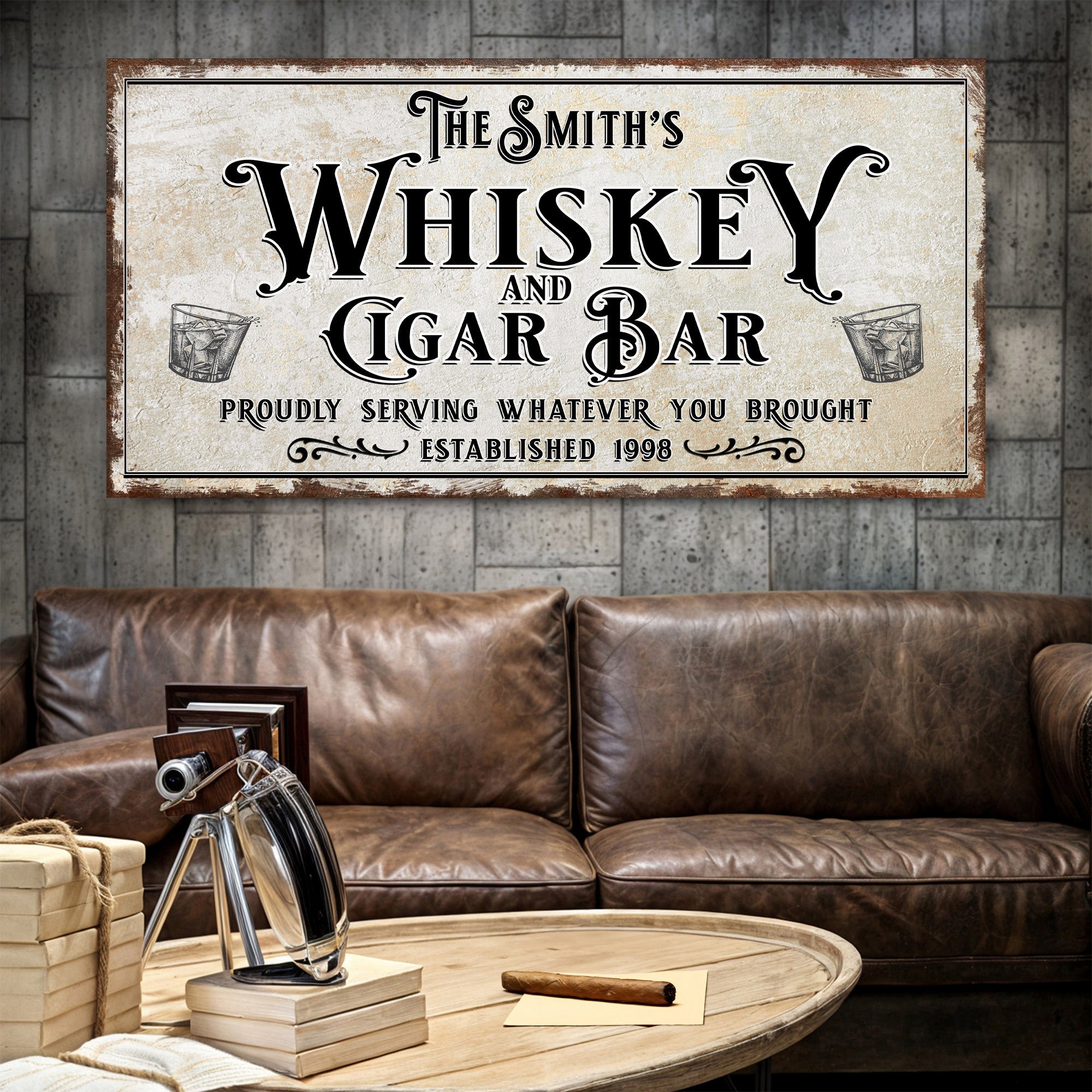 Personalized Whiskey and Cigar Bar Sign on sale at MyriadMart