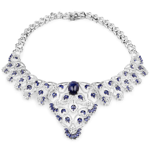 40.93 Carat Genuine Glass Filled Sapphire and White Diamond .925 Sterling Silver Necklace on sale at MyriadMart