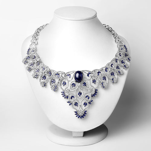 40.93 Carat Genuine Glass Filled Sapphire and White Diamond .925 Sterling Silver Necklace on sale at MyriadMart