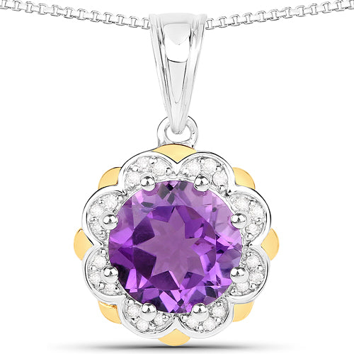 1.87 Carat Genuine Amethyst and White Diamond 14K Yellow Gold with .925 Sterling Silver Pendant on sale at MyriadMart