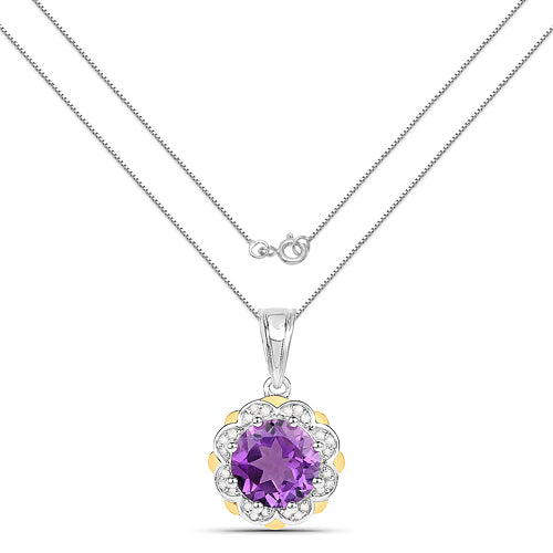 1.87 Carat Genuine Amethyst and White Diamond 14K Yellow Gold with .925 Sterling Silver Pendant on sale at MyriadMart