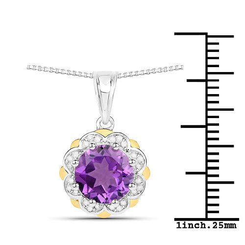 1.87 Carat Genuine Amethyst and White Diamond 14K Yellow Gold with .925 Sterling Silver Pendant on sale at MyriadMart