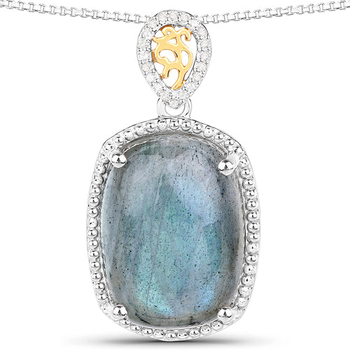 11.05 Carat Genuine Labradorite and White Diamond 14K Yellow Gold with .925 Sterling Silver Pendant on sale at MyriadMart