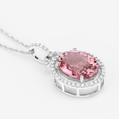 3.90 Carat Genuine Pink Tourmaline and White Diamond 14K White Gold Pendant on sale at MyriadMart