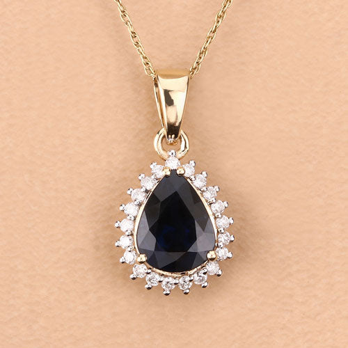2.09 Carat Genuine Blue Sapphire and White Diamond 14K Yellow Gold Pendant on sale at MyriadMart
