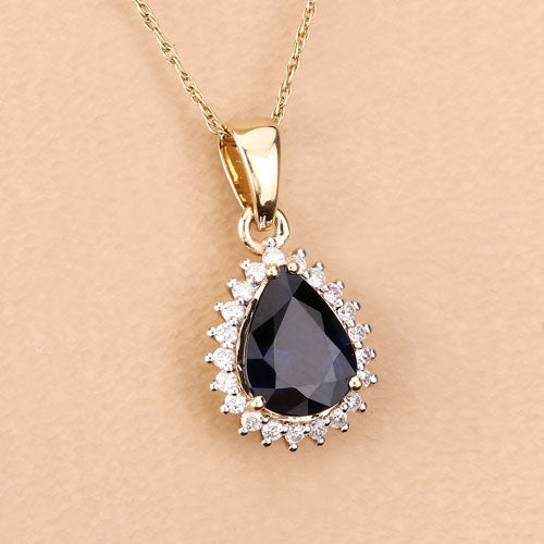 2.09 Carat Genuine Blue Sapphire and White Diamond 14K Yellow Gold Pendant on sale at MyriadMart