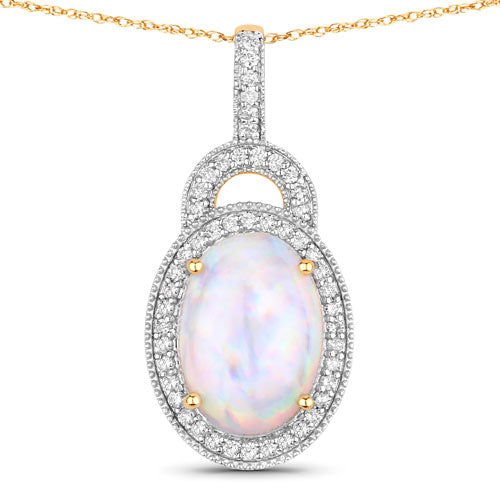 3.30 Carat Genuine Ethiopian Opal and White Diamond 14K Yellow Gold Pendant on sale at MyriadMart