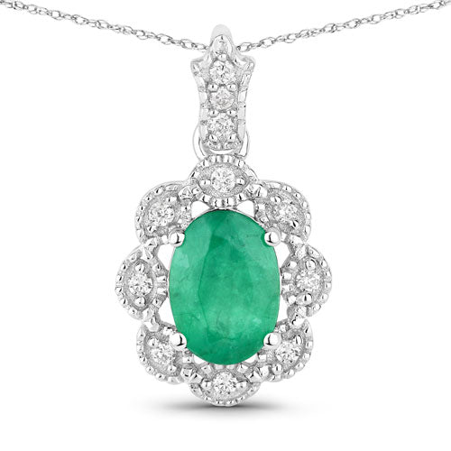 0.79 Carat Genuine Zambian Emerald and White Diamond 10K White Gold Pendant on sale at MyriadMart