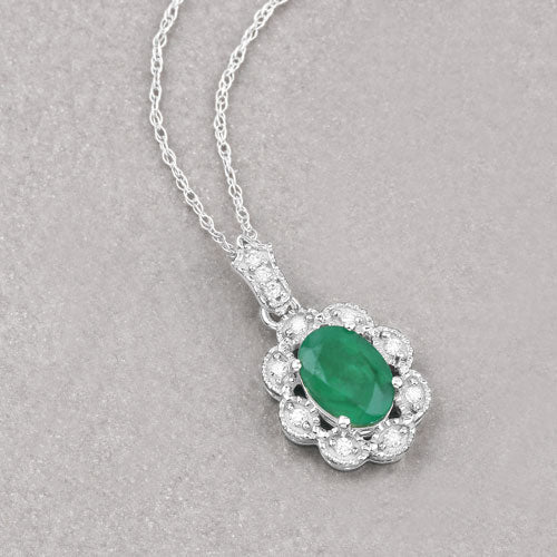 0.79 Carat Genuine Zambian Emerald and White Diamond 10K White Gold Pendant on sale at MyriadMart