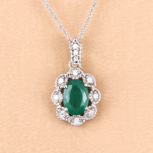 0.79 Carat Genuine Zambian Emerald and White Diamond 10K White Gold Pendant on sale at MyriadMart