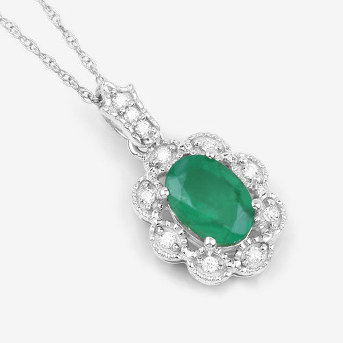 0.79 Carat Genuine Zambian Emerald and White Diamond 10K White Gold Pendant on sale at MyriadMart
