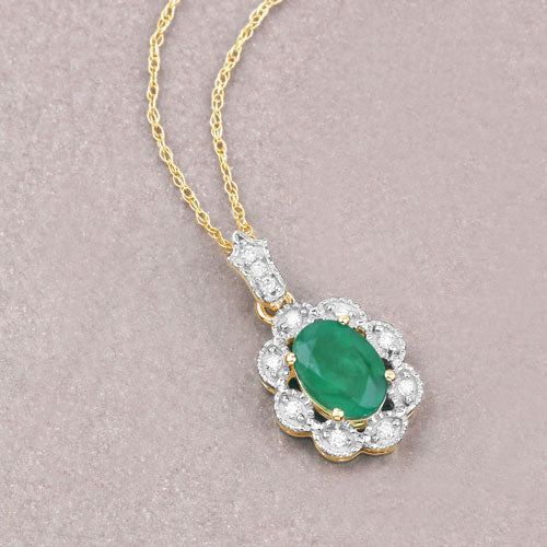 0.79 Carat Genuine Zambian Emerald and White Diamond 10K Yellow Gold Pendant on sale at MyriadMart