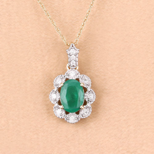0.79 Carat Genuine Zambian Emerald and White Diamond 10K Yellow Gold Pendant on sale at MyriadMart