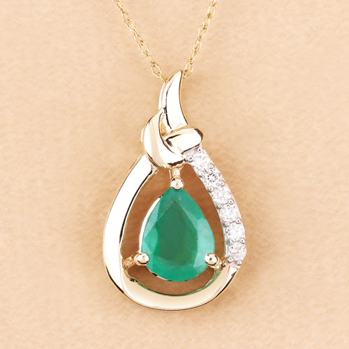 1.18 Carat Genuine Zambian Emerald and White Diamond 10K Yellow Gold Pendant on sale at MyriadMart