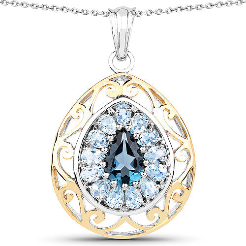 18K Yellow Gold Plated 4.44 Carat Genuine London Blue Topaz and Blue Topaz .925 Sterling Silver Pendant on sale at MyriadMart