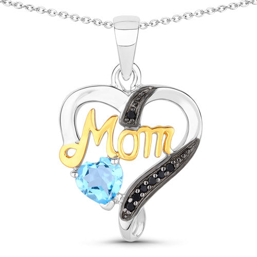 0.57 Carat Genuine Swiss Blue Topaz and Black Spinel .925 Sterling Silver Pendant on sale at MyriadMart