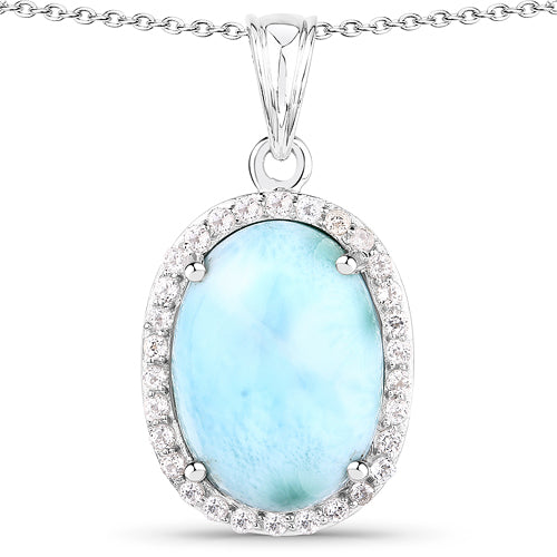 13.55 Carat Genuine Larimar and White Topaz .925 Sterling Silver Pendant on sale at MyriadMart