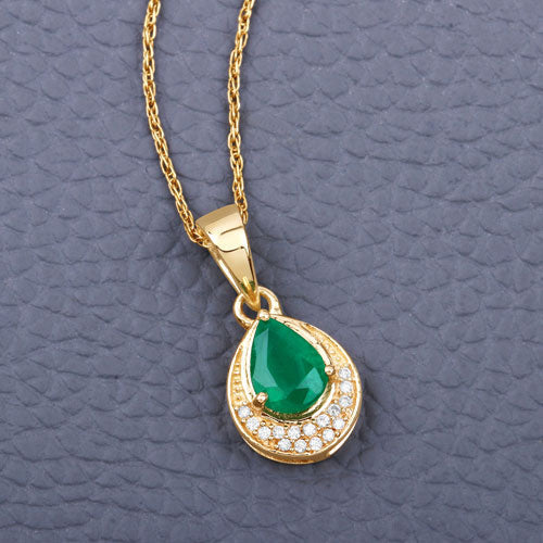 0.89 Carat Genuine Zambian Emerald and White Diamond 14K Yellow Gold Pendant on sale at MyriadMart