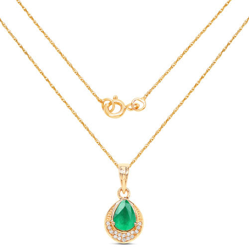 0.89 Carat Genuine Zambian Emerald and White Diamond 14K Yellow Gold Pendant on sale at MyriadMart