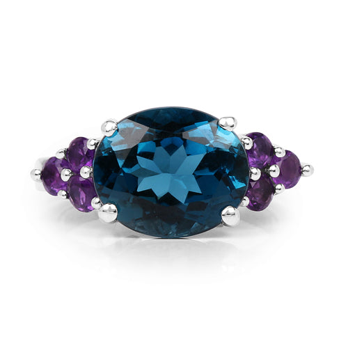 6.60 Carat Genuine London Blue Topaz & Amethyst .925 Sterling Silver Ring on sale at MyriadMart