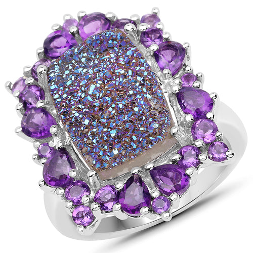 5.97 Carat Genuine Drusy Quartz and Amethyst .925 Sterling Silver Ring on sale at MyriadMart